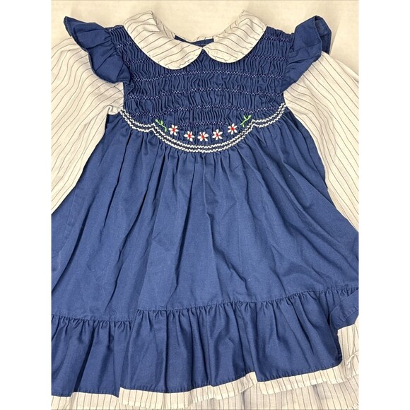 Vintage Swing Top Dress Blue & White Pinstripe Embroidered Long Sleeve Collar - Picture 2 of 10